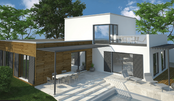 Maison design à toit plat avec étage et piscine
