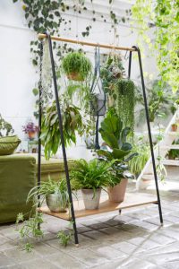 Portique rempli de de plantes vertes dans un salon à la déco scandinave